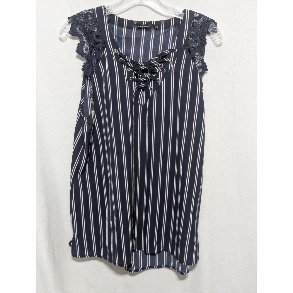 Doe & Rae Navy Blue White Striped Lace Up V-Neck Crochet Shoulder Top Large